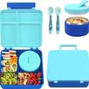 Pawtong Bento Lunch Box with 8oz Soup Thermo, Kids Leakproof Lunch Food Containers with 4 Compartment, Kids Thermo Insulated Hot Food Jar for School, TrvaelBlue