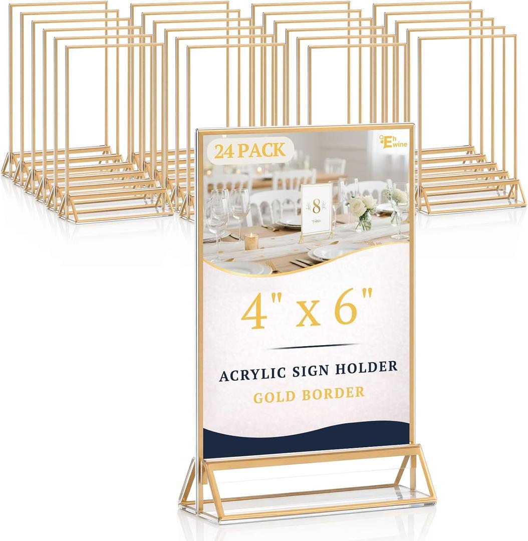 EHWINE 24 Pack Acrylic Sign Holder 4 x 6, Double Sided Gold Picture Frame Stand up Table Top Sign Holders, Clear Display Stand Menu Flyer Holder for Wedding Party