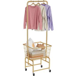 Rolling Laundry Cart with Wheels, Laundry Hamper Basket Organizer with Clothes Hanging Rack, Wire Storage Cloth Shelf Butler, Golden, 23 x 19 x 2.73 inches