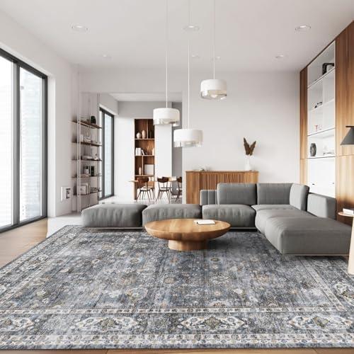 Rugcomf 8x10 Rug Washable Boho Soft Large Area Rug Non-Slip Faux Wool Vintage Rug for Living Room, Farmhouse, Dining Room, Indoor, Kids Playroom (Grey)