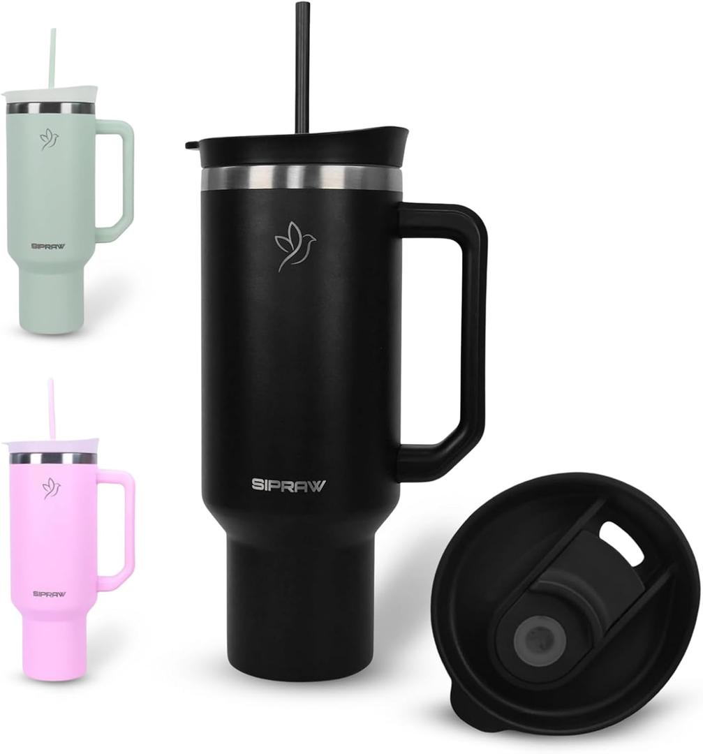 Sipraw Tumbler with Handle, Insulated Tumbler with Lid and Straw, Stainless Steel Travel Coffee Mug, Hot and Cold Tumbler, Perfect for Camping, Travelling & Gifting, 40oz, Black