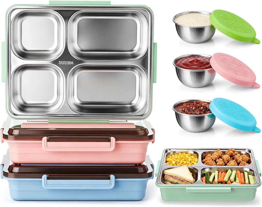 FoldTier 3 Pack Stainless Steel Lunch Boxes Includes 3 Lidded Condiment Cups, 4 Compartment Bento Box Set, Leakproof Lunch Container, Dishwasher Safe for Work, Office, Picnic, Travel(Assorted Colors)