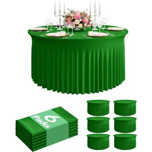 6 Pack Spandex Table Cover Skirts for 60 inch Round Tables, Green Stretch Table Cloths with Floor-Length Ruffle, Elastic Fitted Skirted Tablecloth for Elegant Wedding Banquet Party Buffet Decoration