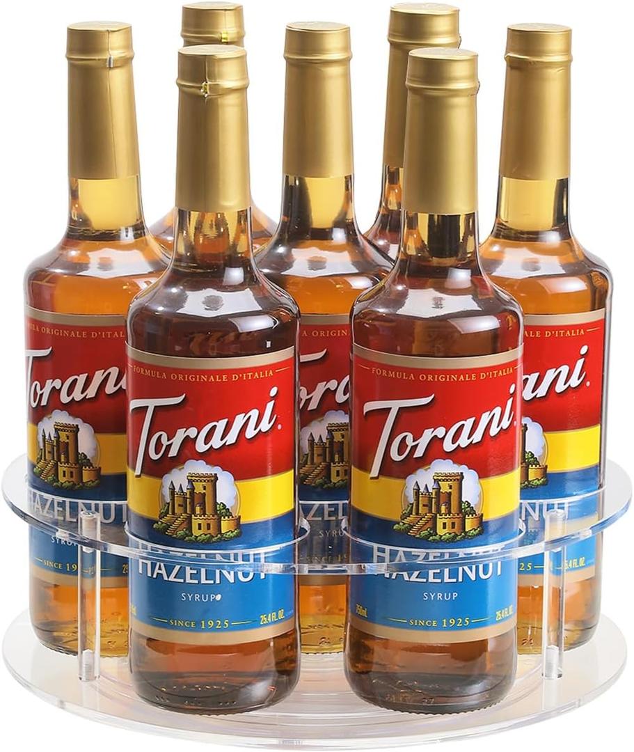 IEEK Large Rotating Coffee Syrup Organizer 7 Bottles Clear Acrylic Coffee Syrup Rack for Countertop Syrup Bottle Holder Stand With Anti Slip Pad for Coffee Bar Station,Turntable Display Tray