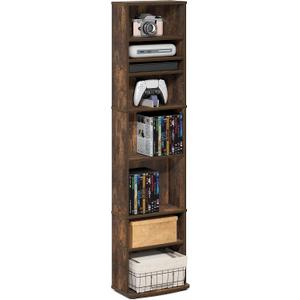 Furinno Jaya DVD Shelf, 8-Tier Tall Narrow CD Rack, Media Shelf with Adjustable Shelves, DVD Storage Cabinets for CD Blueray Game Disc, Easy Assembly, for Living Room, Home Office, Amber Pine, 7.8 D x 12.8 W x 54.1 H inches
