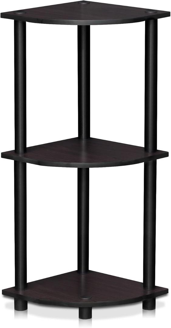 Furinno TURN-N-TUBE Corner Shelf, 3-Tier Corner Bookshelf, Display Storage Shelves with Open Shelves, for Organization and Storage, Living Room, Home Office, Garage, Dark Walnut