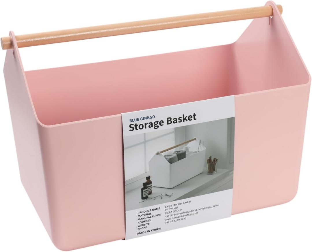 BLUE GINKGO Large Storage Basket  Plastic Caddy with Wooden Handle for Bathroom, Pantry, or Cleaning Supplies (Pink)