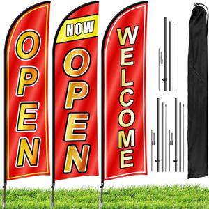 3 Sets Open Feather Flag Pole Kit, 9.2 Feet Tall Grand Opening Flag, Sign Advertising Flag Banner, Now Open Theme Feather Flags with Ground Stake and Portable Bag for Outside Ground