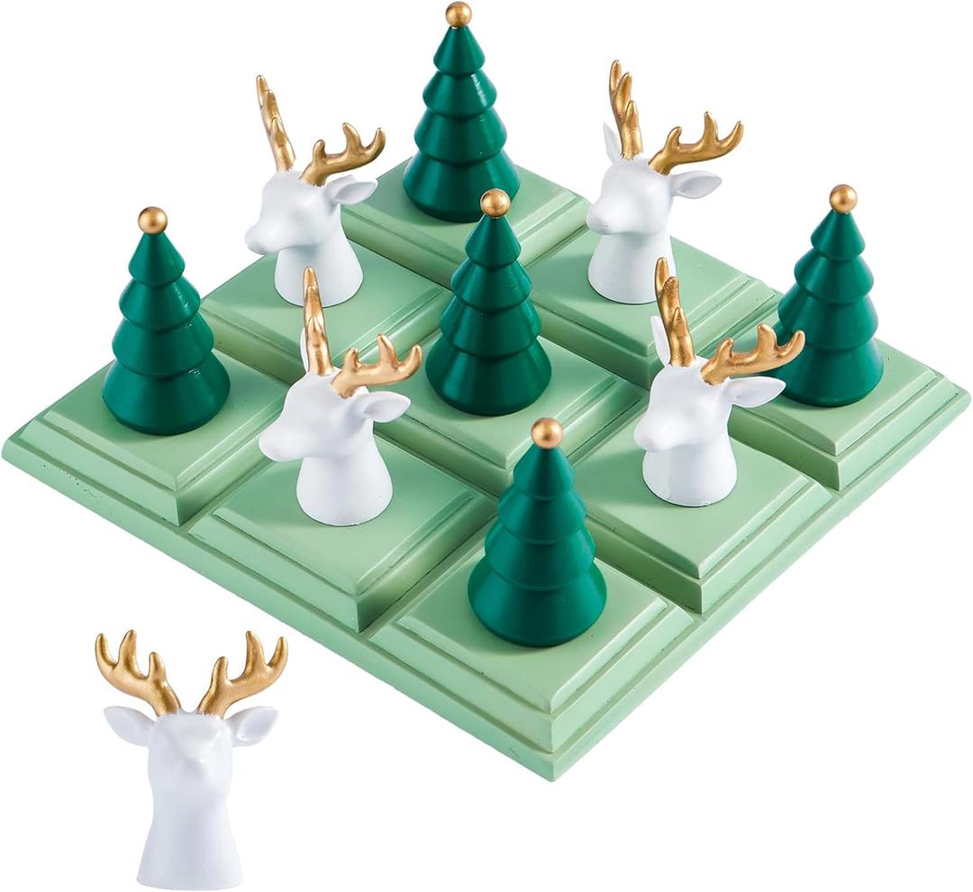 DN DECONATION Christmas Decor Tic Tac Toe Game for Coffee Table, 7.68" Resin Board Set with Reindeer & Tree Pieces, Christmas Decoration Gifts for Adults, Xmas Winter Holiday Home Shelf Mantel Decor
