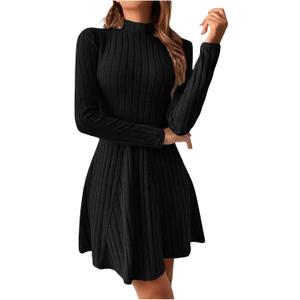 Mock Neck Sweater Dresses Women Long Sleeve Ribbed Knit Bodycon A Line Mini Dress Pullover Fall Lightweight Outfits (Medium)