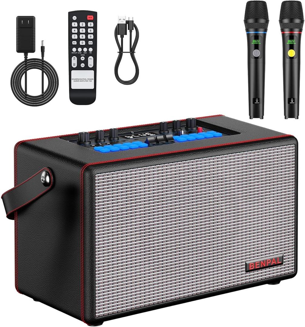 Karaoke Machine with Two Wireless Microphones, Portable Bluetooth Speaker for Home, Party (K1)