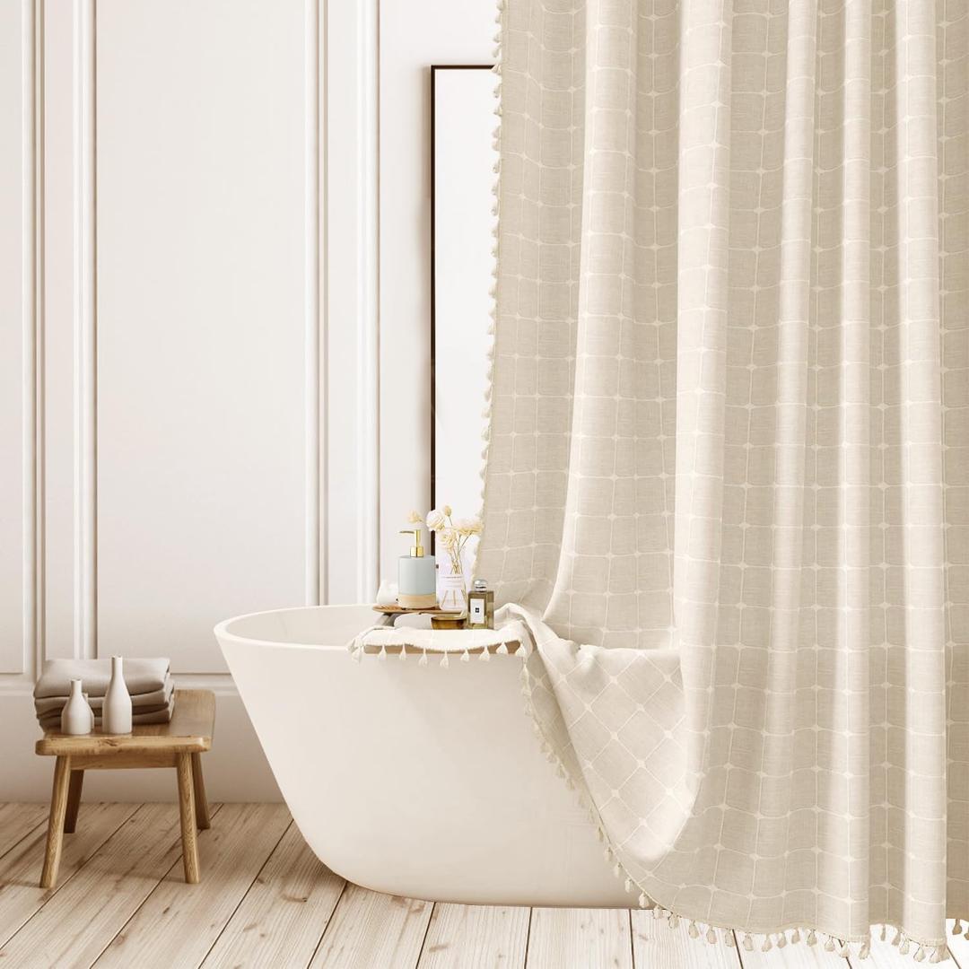 Boho Plaid Extra Long Shower Curtain - Farmhouse Checkered Polyester-Linen Fabric Shower Curtains for Bathroom, Rustic Shabby Chic Neutral Bathroom Curtain Set with Tassel 71x94 Inch (Cream)