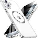 Magnetic for iPhone 16 Case with Privacy Screen Protector & Full Camera Cover,[Non-Yellowing] Plating Glossy Soft Shockproof Clear Phone Case with MagSafe Women Girls for iPhone16 6.3,Sliver