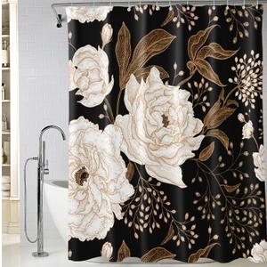 Black Gold White Floral Shower Curtains, Waterproof Fabric Watercolor Black Flowers Bathroom Boho Shower Curtain with 12 Hooks, Black Gold Plant Leaf Shower Curtain 72 x 72 Inch