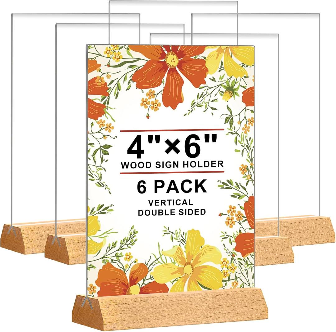 Acrylic Sign Holder 4 x 6 - Wedding Table Number Holder with Wood Base, Double Sided Picture Frames, 6Pack Clear Table Menu Display Stand for Centerpiece,Decoration,Party,Restaurants Office Store