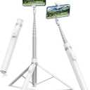 TONEOF 66" Automatic Phone Tripod with Magnetic Rechargable Remote, Selfie Stick 360° Vertical & Horizontal Rotatable, Stable for iPhone/ Android (White)