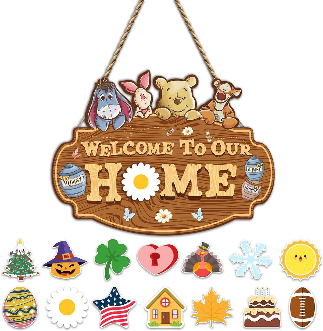 Winnie Welcome Sign for Door Decor, the Pooh Welcome to Our Home Sign with Interchangeable Holiday Sign, Welcome Sign for Home Farmhouse, Perfect for Christmas Thanksgiving Gifts, Housewarming Gifts