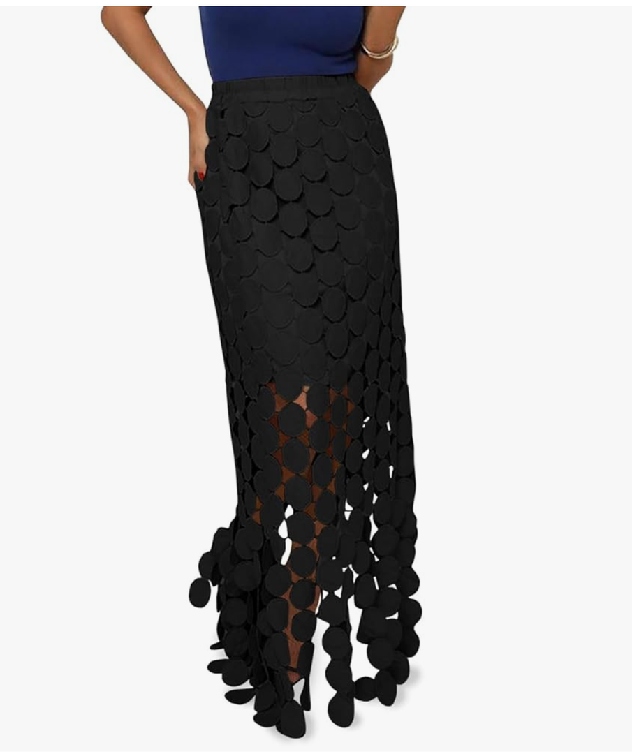 Cicy Bell Womens Hollow Out Maxi Skirts Summer High Waisted Boho Fringe Hem Long Skirt, Small