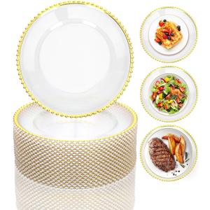 Clear Charger Plates Bulk 50Pcs, 13" Gold Beaded Chargers Wedding
