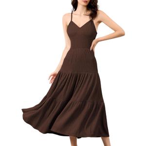 Women's Spaghetti Strap V Neck Dress Tiered Pleated Casual Beach Sundress（25001, Brown, L）