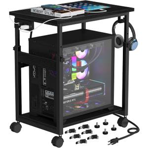Snughome Extra-Large Computer Tower Stand with Charging Station, Adjustable PC Tower Stand for Floor 25.2"-36.22", Mobile Rolling CPU Holder Cart with Locking Wheels for Gaming Office Home