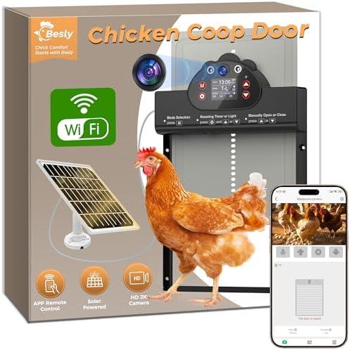 OGOOSM  2K HD Camera Automatic Chicken Coop Door, WiFi Solar Powered Chicken Door with 9000mAh Battery, Timer & Light Sensor, Anti-Pinch Function, Security Alarm, Chicken Coop Accessories