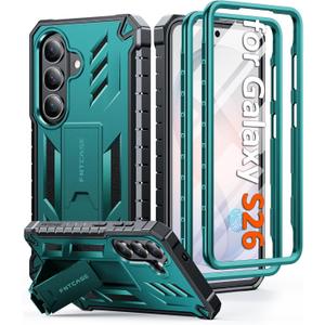 FNTCASE for Samsung Galaxy S26 Case: With Built-in Screen Protector & Kickstand 2 Front Frames Military-Grade Drop Protection Heavy Duty Shockproof Rugged Case Full Body Protective Cover Green