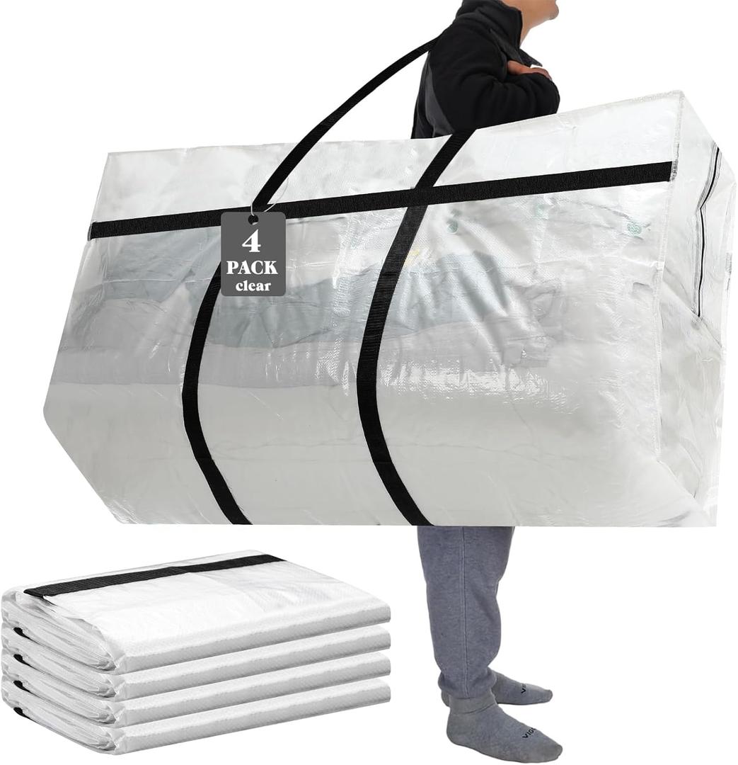4 Pcs 96 Gallon Extra Large Moving Bags Heavy Duty Storage Bag with Strong Zipper Handle Foldable XXL Jumbo Storage Tote Packing Moving Box for College Dorm Travel Cloth Duffle (Clear)