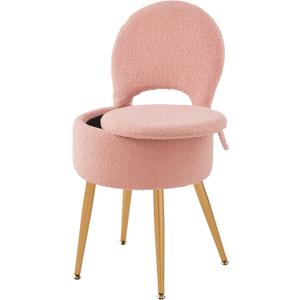 Small Vanity Stool Chair with Storage and Folding Back,4 Metal Legs with Anti-Slip Feet,Round Ottoman with Velvet Seat, Furry Padded Seat for Makeup, Bedroom (Black, Standard) (Pink)