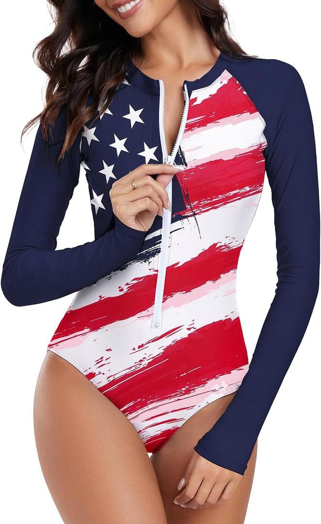 Century Star Long Sleeve Swimsuits Women Teen Girls Rash Guard UPF 50+ One Piece Surfing Modest Full Coverage Bathing Suit (American Flag Thick Stripes), XS