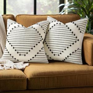 Mecatny Boho Summer Outdoor Throw Pillow Covers 18X18 Set of 2, Farmhouse Decorative Pillow Covers for Couch Sofa Living Room, Beige & Black