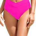 Zmart Womens High Waisted Bikini Bottoms - V Cut Full Coverage Bathing Suit Swimsuit Bottom with Twist Front Pink M