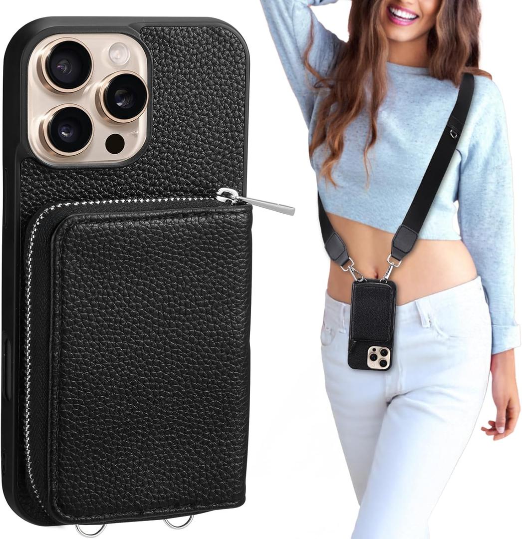 XANGNIER Wallet Case for iPhone 16 Pro, RFID Blocking PU Leather Crossbody Phone Purse with Card Holder, Zipper Pocket, Wrist Strap & Adjustable Lanyard for Women 6.3" 5G, Black