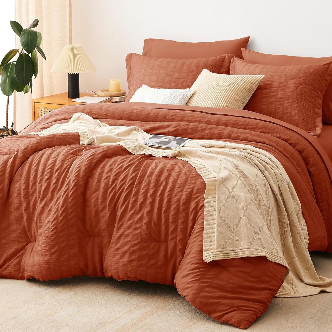 CozyLux Queen Comforter Set Burnt Orange Seersucker 7 Pieces Bed in a Bag Queen Comforter Set with Sheets Terracotta Luxury Bedding Set with Down Alternative Comforter, Sheets, Pillowcases & Shams