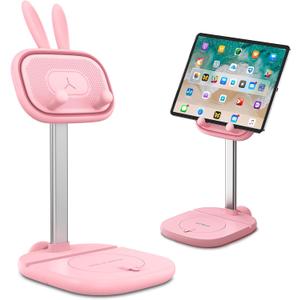 OATSBASF Cute Bunny Tablet Stand for Desk, Adjustable Height Stand Holder Dock Compatible with iPad, Pro 9.7, 10.5, 12.9 Air Mini, Kindle, Nexus, Tab, E-Reader (4-13") (Pink Plus)