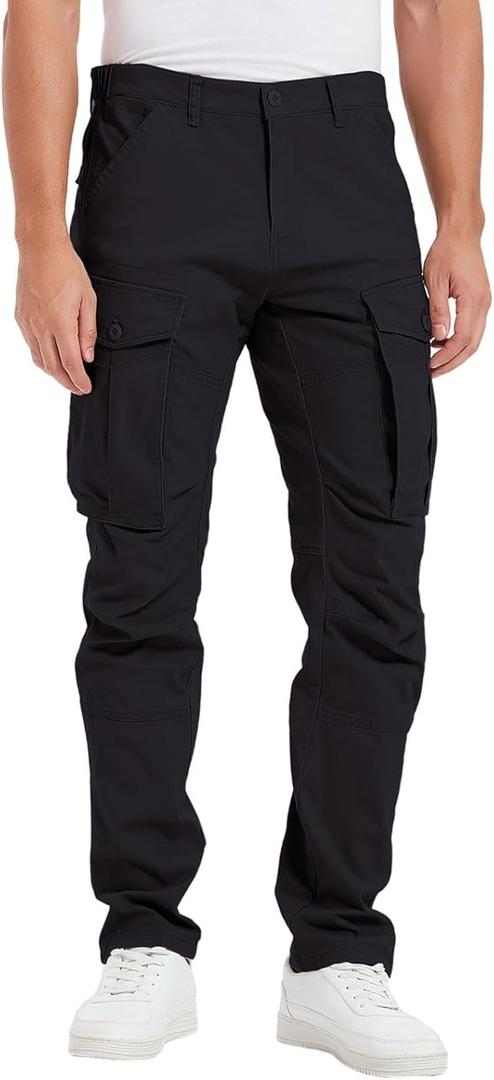 Plaid&Plain Men's Cargo Pants Slim Fit with Articulated Knees (30W x 32L, Black)