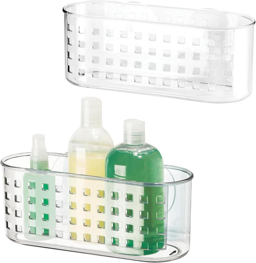 iDesign Hanging Suction Shower Caddy Basket for Bathroom Storage, Set of 2, Clear, Made in USA