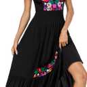 Women's Summer Maxi Dress Casual Floral Embroidered Round Neck Short Sleeve Ruffle Tiered Dress Flowy Boho Beach Sundress, Size M