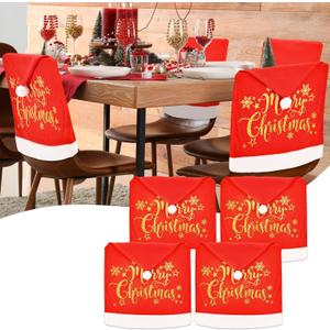 4Pcs Christmas Chair Covers Santa Hat, Golden Glitter Print, High Resilience White Pompon on Top, Size 25"x20", Dining Chair Slipcovers for Dining Room, Warm Holiday Home Decoration