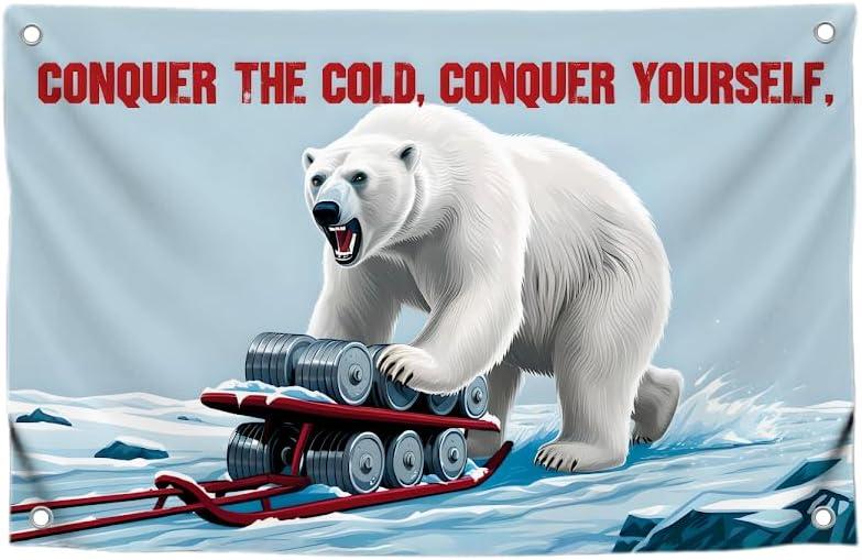 3x5 Feet Big Polar Bear Flag with Quote "Conquer The Cold, Conquer Yourself," with Four Brass Grommets - Polyester Animal Sports Banner for Indoor or Outdoor - Single Sided Posters for Home Gym