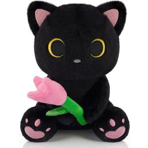 Black Cat Plush Holding Pink Tulip - 8" Kawaii Stuffed Cat with Flower, Soft Cute Plush Toy for Mom, Cute Stuffed Animals for Girls & Kitten Lovers