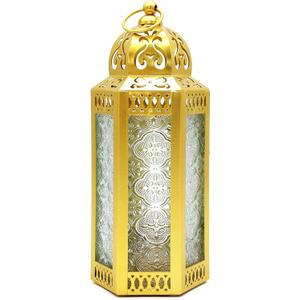 CVHOMEDECO. Decorative Candle Lantern Moroccan Lanterns Vintage Golden Metal Lantern Holder for Home Patio Outdoor Decor. Clear Glass, Medium