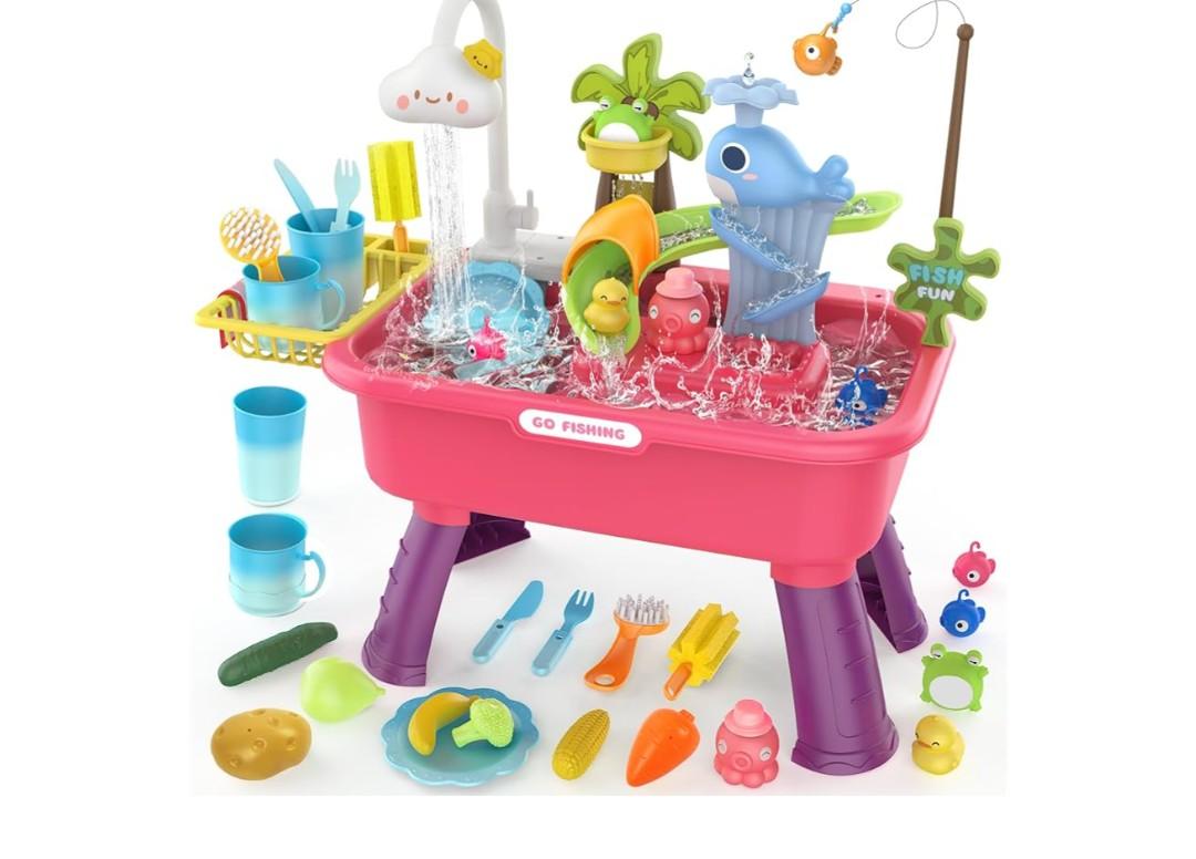 4-in-1 Electric Water Table Toy for Toddlers 1-3,Color Changing Kitchen Play Sink Toys with Running Water for Kid with Water Pump,Animals, Food, Tableware,Pretend Role Birthday Toy for Boy and Girl
