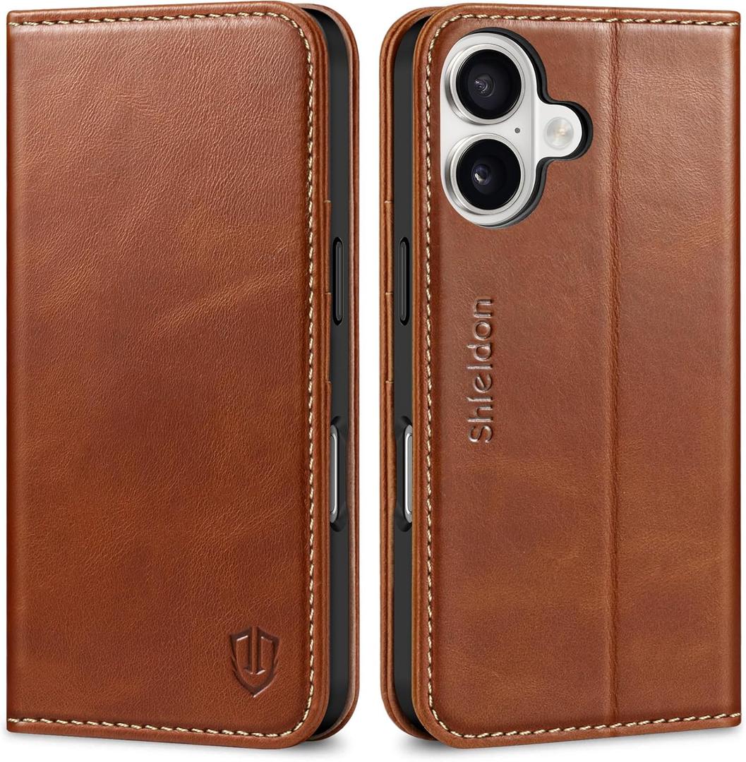 SHIELDON Case for iPhone 16 5G 6.1", Genuine Leather Wallet Flip Magnetic Closure Cover RFID Blocking Credit Card Holder Kickstand TPU Shockproof Case Compatible with iPhone 16 2024 - Retro Brown