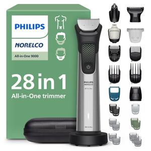 Philips Norelco All-in-One 9000 Series 28-Piece Trimmer - Electric Shaver and Clipper for Face, Beard, Head & Body, Self-sharpening Full Metal Blades, 27 Length Settings (0.5-20 mm), MG9585/49 (Steel)
