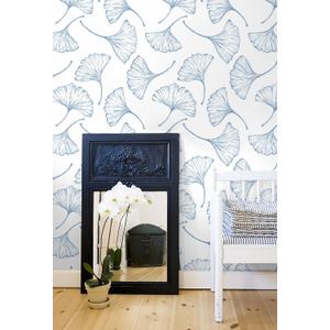 CiCiwind White and Blue Peel and Stick Wallpaper Ginkgo Leaves Modern Blue Contact Paper Self Adhesive Removable Wall Paper for Bathroom Bedroom Walls Decor 197"17.3"