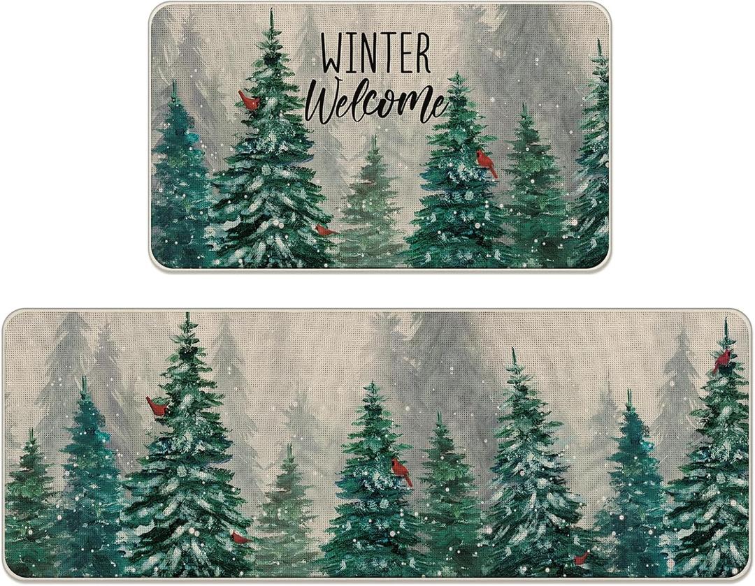 Winter Welcome Decorative Kitchen Rugs Set of 2, Farmhouse Pine Tree Cardinal Kitchen Mat Snowflakes Non-Slip Floor Mat, Christmas Decorations for Home Kitchen - 17x29 and 17x47 Inch (1'5" x 3'11" (Square))