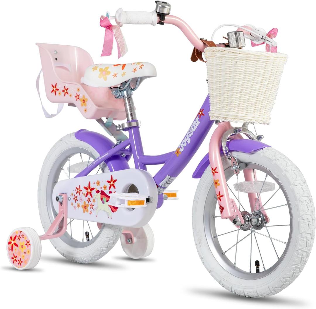 JOYSTAR Unicorn 14 Inch Kids Bike for 3-5 Year Old Girls with Doll Seat, Princess Design, Training Wheels, Basket, Streamer, Purple