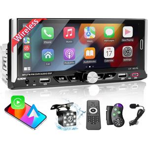 6.9 in Wireless Apple Carplay Single Din Car Stereo,HD IPS 1280×480 Single Din Touchscreen Radio,Bluetooth 5.0,FM RDS Radio,Backup Camera,USB, AUX(Extra MIC), Type-C, Android Auto Car Stereo