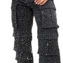 Womens High Waisted Rhinestone Jeans Black Straight Chic Baggy Wide Leg Bling Denim Pants Loose Fit Pearl Jeans, Large